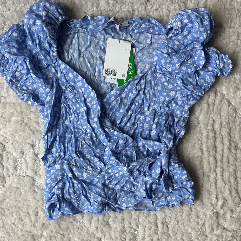 & Other Stories Light Blue Floral Wrap Blouse with Puff Sleeves